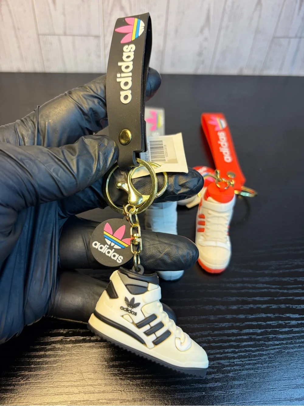 4Pcs Adidas Mini Sneaker Keychain Set - White with Red, Black, Gray Accents